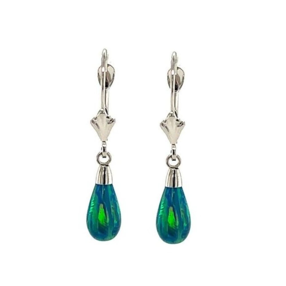 14k Solid Gold Teardrop Shape Dangle Opal Leverba… - image 6